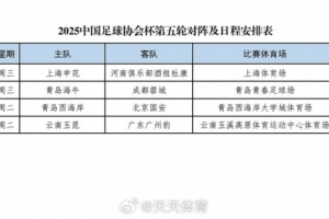 足協(xié)杯第五輪賽程：22日晚19時(shí)西海岸vs國(guó)安 20時(shí)玉昆vs廣州豹