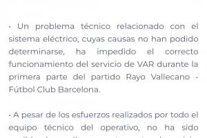 巴薩vs巴列卡諾VAR故障，供應(yīng)商回應(yīng)：因技術(shù)問(wèn)題未能正常運(yùn)行