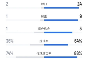 愛沙尼亞1-3意大利數(shù)據(jù)：射門2-24，射正1-9，控球率36%-64%