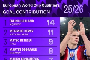 本屆歐洲世預(yù)賽參與進(jìn)球榜：哈蘭德14球居首，德佩11球次席