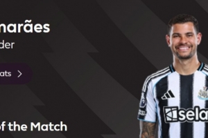 90分鐘絕殺，英超官方：吉馬良斯當(dāng)選紐卡2-1富勒姆全場最佳