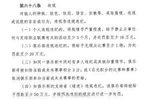 球迷有歧視行為的，若證據(jù)確鑿，其所支持俱樂(lè)部將至少被罰款50萬(wàn)