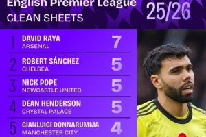 拉亞7場零封是本賽季英超門將最多，杜布拉夫卡46次撲救最多