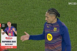 單刀球扳平比分！西甲官方：拉菲尼亞當(dāng)選巴薩vs馬競?cè)珗鯩VP