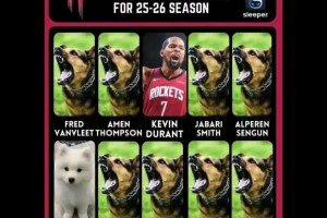 會(huì)被笑死！美媒調(diào)侃火箭下賽季十人陣容：杜蘭特+謝潑德+8只兇狠的獵犬